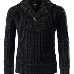 CALI HOLI Ribbed Shawl Collar Pullover Sweater Black -US Regular Size M~ 3XL